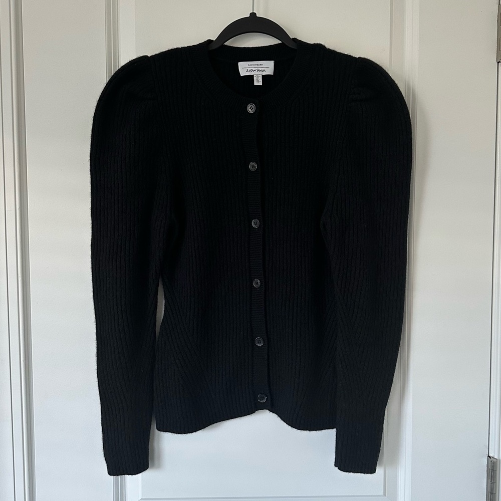 Paris Atelier & Other Stories Wool Black Puff Shoulder Ribbed Cardigan Sweater